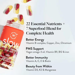 Wellbeing Nutrition Slow Multivitamin & Vegan Omega 3 for Women Biotin, CoQ10, B-Complex, Iron, Zinc, Chromium, +22 Vitamins & 10 Antioxidants | Skin Radiance, Energy, Metabolism, PMS |60 Veg Capsules