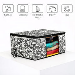 Kuber Industries Flower Print Foldable Woven Underbed Storage Bag|Large Storage Organiser|Blanket Cover with Transparent Window|Size 65 x 45 x 31 CM (Black)-KUBMART16598(Fabric)