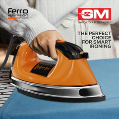 GM Ferro 1200W Heavyweight Dry Iron Press 1.75 Kg | Dual Layer German Non-Stick Coating with 2 Yrs Warranty | Shock Proof Iron Box for Clothes with 1.8M Cord Length | Enhanced Back Rest for Safety