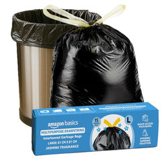 Amazon Basics Multipurpose Drawstring Garbage Bags | Large | 15 Count | Heavy Duty Garbage Bag | Jasmine Fragrant Garbage Bag | Odour Control | No Tear Removal