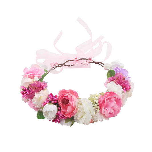 SYGA Medium Sized Rose Floral Crown Hair Wreath Leave Flower Tiara Headband with Adjustable Ribbon