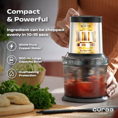 CΓRAA Chopper Electric for Kitchen | ChopLab Pro By Chef Sanjyot Keer | Compact Electric Chopper for Vegetable Chopping & Meat Mincing | Stainless Steel 4-Plane Blades | Black