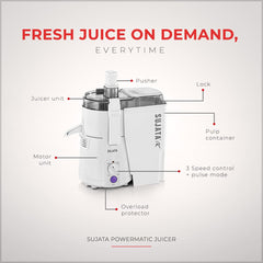 Sujata Powermatic Juicer|900 Watts Double Ball Bearing Motor|22000 RPM|Non-Stop 90 Mins Running|Centrifugal Juicer| (White)