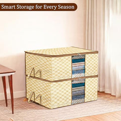 Kuber Industries Non-Woven Underbed Storage Bag | Clothes Storage Organizer | Blanket Cover With Clear Window | Zipper Closure & Handle Cloth Organizer | Check-Design | Large | Pack Of 4 | Cream