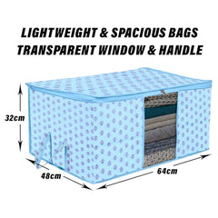 Kuber Industries Non-Woven Underbed Storage Bag|Clothes Storage Organizer|Blanket Cover With Clear Window|Zipper Closure&Handle Cloth Organizer|Plain White Border|Large|Pack Of 6|Royal Blue,32Cm,48Cm