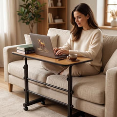 PRIMEBULL Adjustable Laptop Table with Wheels, Multi-Purpose Study Table | Bed Table | Height Adjustable for Office & Work from Home | Space Saving | Easy to Assemble (PRIMEBULL - Natural Wood)