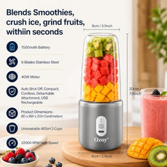 Juicer for Home ^ Lacossi Juicer Mixer Grinder with 1500mAh Battery, 6 Blades 3Gears Fast Blending, 2-Jar Capacity (400ml*2) | 40 Watts Bullet Rechargeable Portable Personal Juicer