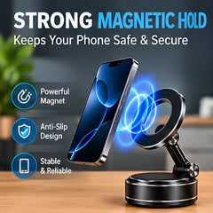 (1 Year Warranty) 360° N52 Strong Magnetic Vacuum Phone Holder, Strong Suction Mobile Mount for Car Dashboard, Windshield, Mirror & Smooth Surfaces, Hands-Free Universal Smartphone Holder - Black