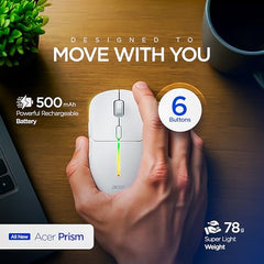 Acer Prism Dual Mode Wireless Mouse I 2.4G + Bluetooth I Silent Click I 3200 DPI (800-1200-2400-3200) I Rechargeable 500mAh I RGB LED I 6 Buttons I Lightweight 87g I Ergonomic Design for Laptop PC Mac