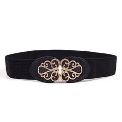 SYGA Women's Leather Belt, PU Leather Stretchy Waist Belt with Floral Metal Buckle, Retro Style - Black