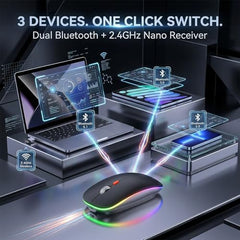 Offbeat Dash 2.4GHz Wireless + Bluetooth 5.1 +5.0 Mouse, Multi-Device Tripel Mode Type C Rechargeable Silent Click Buttons Wireless Bluetooth Mouse 3 Adjustable DPI, Works on 3 Devices (Silver)