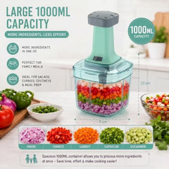 MAGIC SPOON Hand Push Chopper 1000ML, Vegetable & Onion Chopper with 4 Stainless Steel Blades, Manual Food Chopper for Garlic, Chilli, Dry Fruits, Nuts Cutter & Salad Preparation for Kitchen, Pista