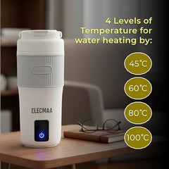 Elecmaa 2 in 1 Car Electric Kettle & Bottle 400ml, Pink | For office, car, home and travel, Ideal for Homes (220v) & Car, office 12-24V DC, 4 Temp & Digital Touch Ctrl