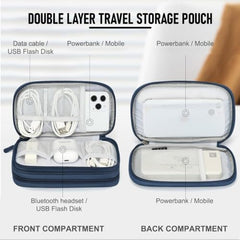 Elfora Compact Cable Organizer Bag | Double Layer Storage Pouch for Cables, Chargers, AirPods, Power Bank & Other Accessories | Durable & Portable Nylon Travel Case with Mesh Pockets – Blue