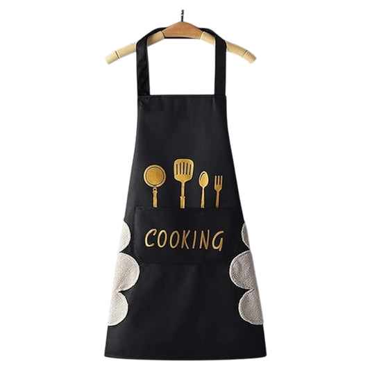 MOMISY Waterproof Kitchen Apron, Cooking Apron with Pockets, Side Towel for Hand Wiping, Suitable for Men and Women (Black)