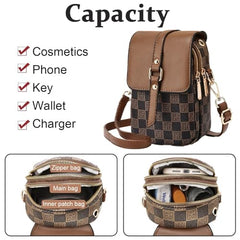 MOMISY Women PVC Crossbody Sling Bag | Checkered Pattern Mini Shoulder Purse with Adjustable Strap (Coffee)