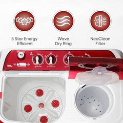 SHARP 9.0 kg, 5 star, Semi-Automatic Top Loading Washing Machine with HydroBlast Wash, Quadroniq Pulsator, 1300 RPM (ES-SD90NB-PR, Ruby Red, Pure Wave)