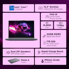 Lenovo IdeaPad Slim 3 13th Gen Core i7-13620H 15.3" (38.8cm) WUXGA IPS Laptop (24GB RAM/1TB SSD/Win 11/Office 2024/Backlit/1Yr ADP Free/Top Metal Cover & IR Camera/Grey/1.6Kg),83K100TEIN