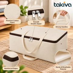 TAKIVA Cotton Canvas Storage Bags for Clothes Large (Pack of 2) | Blanket Storage Box | Canvas Blanket Storage Bags | Cloth Storages Bags for Clothes & Quilts | Foldable Under Bed Storage Organizer
