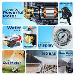 Woscher AquaWash+ Car Washer, Adjustable High Pressure Gun, Washing Pump for Car, Bike and Home Use Cleaning, 18 Months Warranty, 2200 Watts, 160 Bars