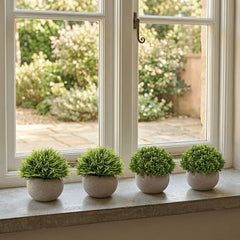 Dekorly® 4 Packs Artificial Potted Plants Bathroom Fake Shelf Plant Office Table Decor Mini Green Faux Topiary Kitchen Cabinet Farmhouse Decorations (4 Plastic Pots)