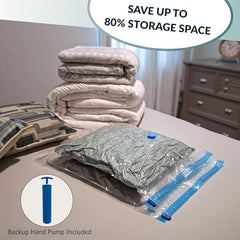 25 Pack Vacuum Storage Bags, Compression Space Saver Bags for Comforters, Blankets and Clothes, Durable Seal, Puncture Resistant, Safe Poly Material, Preserves and Protects, Hand Pump Included