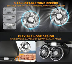 RIGGEAR Car Fan, Back Seat Car USB Fan with Dual Head 3 Speed Adjustable Cooling Air with 360° Flexible Rotation, Independent Switch USB Car Fan for Seat Headrest with Small LED Lamp