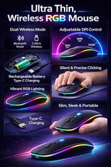 ZENONIX Zen-Slim Wireless Mouse with Rechargeable Battery, BT + 2.4GHz, 4 Buttons, 800/1200/1600 DPI, Silent Operation, Multicolor LED Lights