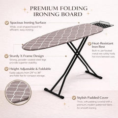 STEFFAN Heavy Duty Vertical Ironing Board, Foldable, 19 mm Metal Bracket, Adjustable Height, Pure Cotton Cover, Lattice Design | Clothes Iron Table| Home Laundry Accessory | 111x30 cm, Pink