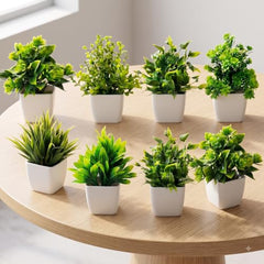 amazon basics Artificial Potted Plants, Artificial Plastic Eucalyptus Plants Small Indoor Potted Houseplants, Small Faux Plants for Home Decor Bathroom Office Farmhouse (Set of 8)