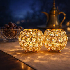 CentraLit Pack of 2 Tea Light Crsytal Candle Holder - Pooja Diya Decoreation Items for Home Diwali Brass Puja Item Unique Christams Diwali Gift Diya Lantern Items Home Decor Candle Light