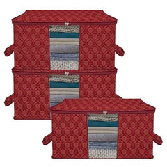 Amazon Brand - Solimo Underbed Storage Bag | Clothes Storage Organizer | Clear Window Blanket Cover | Cloth Organizer With Handle | Jute-Print Design | Large (Grey, Pack Of 3), 65 X 47 X 31 Cm