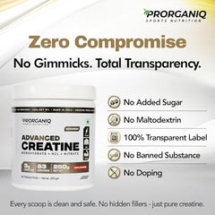 Prorganiq Advanced Creatine Monohydrate + HCL + Nitrate | 3-in-1 Formula | Micronized Powder for Men & Women (250 Grams, Unflavoured)