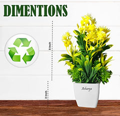 Asharya® Artificial Flower Plants for Home Décor – Set of 4 Mini Potted Plants (7 Inch) in White Pots | Pink, Yellow, Red & Blue Faux Flowers for Living Room, Office, Indoor Outdoor Decoration