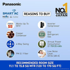 Panasonic 1.5 Ton 5 Star Premium Wi-Fi Inverter Smart Split AC (Matter Enabled, Higher Airflow, Copper Condenser, 7in1 Convertible, True AI, 4-Way, PM 0.1 Filter, CS/CU-NU18AKY5WX, White)