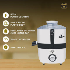 Starly Promax 500 Watts Juicer Mixer Grinder | Stainless Steel Blades | Shockproof Body with Overload Protection | Safety Locks | Fresh Fruit & Vegetable Juice in Seconds | 2-Year Warranty (White)