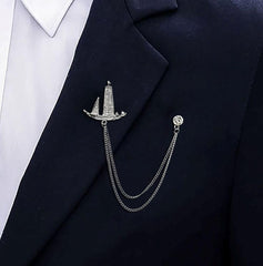 SYGA Men's & Women Suit Shirt Stud Lapel Pin Chain Tassel Brooch Pin with Crystal Chain(silver sail)