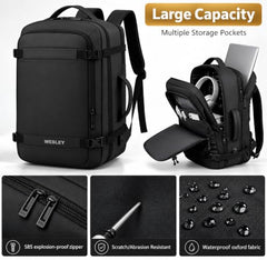 Wesley Luxur 45 Ltrs Overnighter Expandable Travel Laptop Backpack, Flight Cabin Approved Carry On with 16 inch Laptop Compartment, Anti Theft feature business/Travel/Weekender/college Charcoal Black