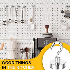 RULOKSHA Heavy Duty Magnetic Hooks, Holds Up to 13.6 kg (30 lbs), Strong Neodymium Rare Earth Magnets with Nickel Coating for Kitchen, Refrigerator, Office, Garage & Home (Silver, 3)