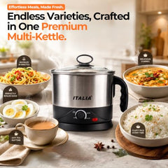 ITALIA Premium Electric 600W Multi Kettle 1.2L with Stainless Steel Body, Egg Rack, Grill Rack, 3 Heating Modes & Rapid Boil Technology, Boiling Water, Tea, Coffee, Oats, Noodle, Soup, Black