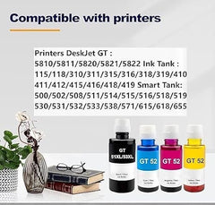 Printer Ink Refill Dye Ink for HP GT53 GT52 Compatible for HP Ink Tank 115, 310, 315, 319, 410, 415, 416, 419, 455, 500, 515, 530, 615, GT 5810, GT 5811, GT 5820 (GT51 ST+BK)
