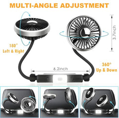RIGGEAR Car Fan, Back Seat Car USB Fan with Dual Head 3 Speed Adjustable Cooling Air with 360° Flexible Rotation, Independent Switch USB Car Fan for Seat Headrest with Small LED Lamp