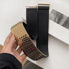 SYGA Decorative Belt For Women, Metal Elastic Waistband, Fashionable Fish Scale Pattern Elastic Wide Belt, Versatile For Dresses And Dresses(Gold)