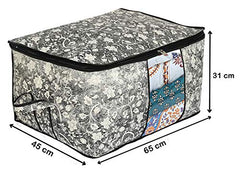 Kuber Industries Flower Print Foldable Woven Underbed Storage Bag|Large Storage Organiser|Blanket Cover with Transparent Window|Size 65 x 45 x 31 CM (Black)-KUBMART16598(Fabric)