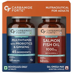 Carbamide Forte Multivitamin Tablet for Men with Probiotics & Salmon Omega 3 fish Oil Capsules | Salmon Fish Oil Omega 3 Capsule 1000mg and Multivitamin Tablets Combo | 60 Tablets + 60 Softgels