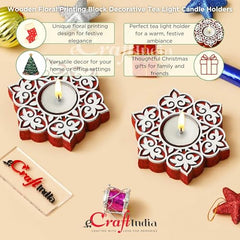 eCraftIndia Wooden Floral Printing Block Decorative Tea Light Candle Holders (Set of 12, Green White) Diwali Christmas Decorations Items for Home Office Christmas Gifts for Women Men Family Friend