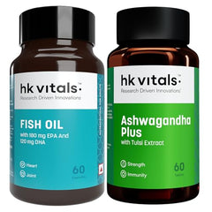 hk vitals Omega 3, 60 Fish Oil Capsules + Multivitamin, 60 Tablets | 1000mg Omega 3 with 180mg EPA and 120mg DHA | For Brain, Heart, and Joints Health