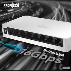 FRONTECH 8 Port Gigabit Ethernet Switch | 10/100/1000Mbps | Plug & Play LAN Hub for Router, Computer, Gaming Console, Printer & IP Camera | Wall Mountable | Hi-Speed Network Switch (NC-0052)