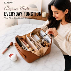 LUMONY® Makeup Pouch Bag Leather Large Capacity Travel Toiletries Organizer Cosmetic Bag with Handle and Divider Multifunctional Makeup Bag for Easy Access Waterproof (Brown)