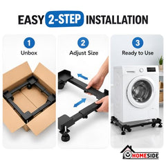 HOMESIDE Adjustable Washing Machine Stand with Wheels upto 170 kg Capacity | Heavy Duty Metal Trolley for 5-12 kg Top & Front Load Machines, Anti-Vibration Pads | Universal Fridge, Cooler Stand - Black